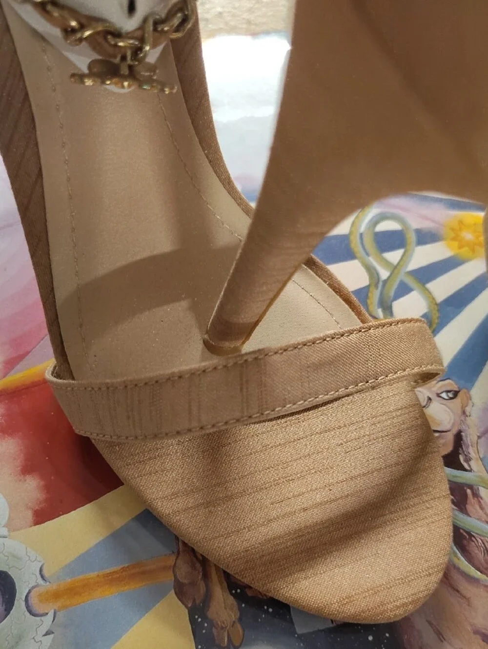 Anne Michelle Nude Heeled Sandals with Gold Chain & Crystal Trim